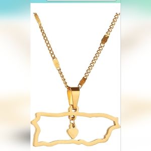 Stainless Steel GOLD PLATED Puerto Rico Map Pendant Necklace